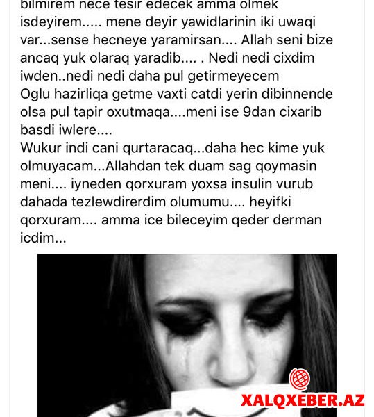Azərbaycanda gənc qız status yazıb intihar etdi- "Şükür, canım qurtaracaq..."-FOTO