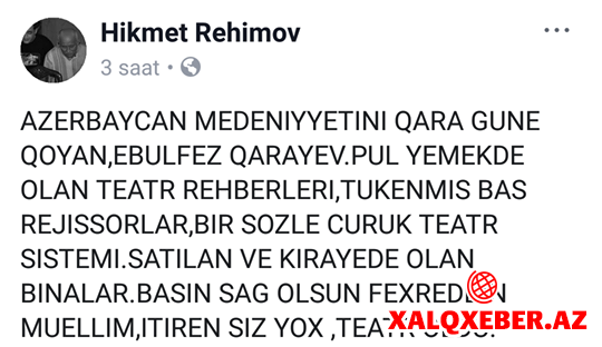 “Azərbaycan mədəniyyətini qara günə qoyan Qarayev” - Aktyordan nazirə AĞIR SÖZLƏR