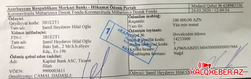 Tanınmış, nüfuzlu iş adamı Şamil Heydərov Koronavirusla Mübarizəyə Dəstək Fonduna 100 min manat ianə edib
